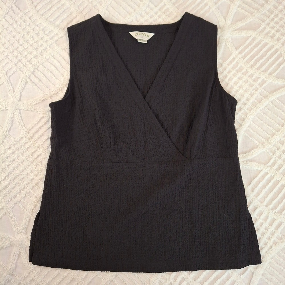 Orvis Womens XL Black Sleeveless Textured Faux Wrap V-Neck Blouse Tank Top
